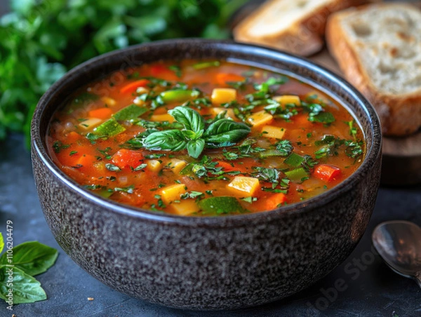 Obraz Hearty Vegetable Soup in Rustic Bowl