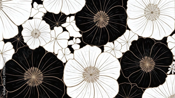 Fototapeta Minimalist Monochromatic Floral Design Frame in granite or marble with Black and White Flower Pattern in a Contemporary Style.