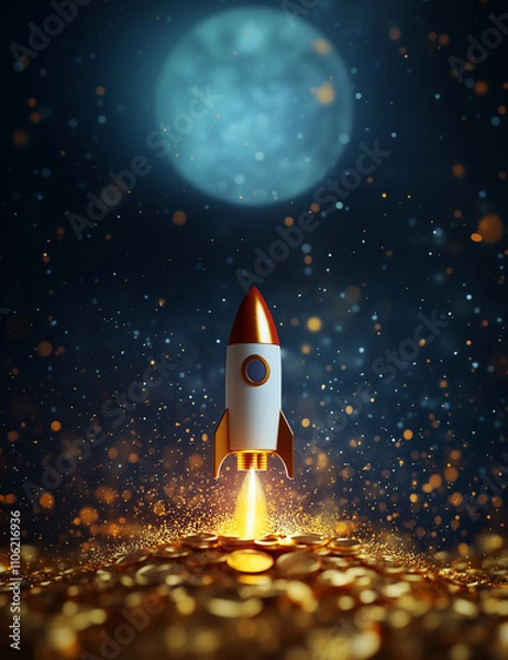 Obraz A small rocket taking off from a pile of gold coins, glitters, stock and crypto market bull run concept