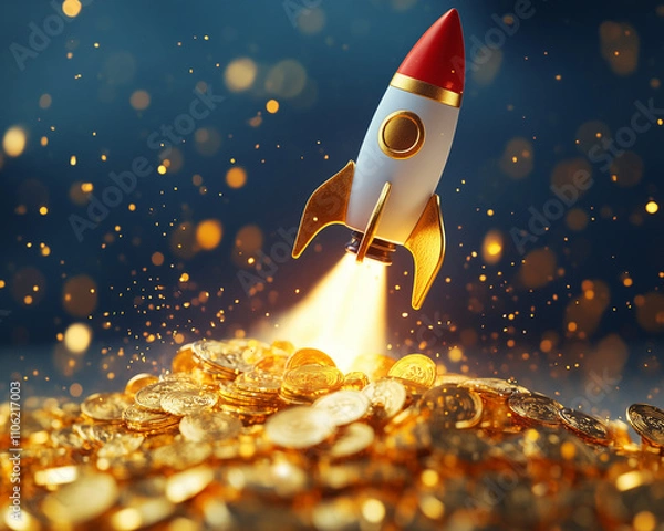Obraz A small rocket taking off from a pile of gold coins, glitters, stock and crypto market bull run concept
