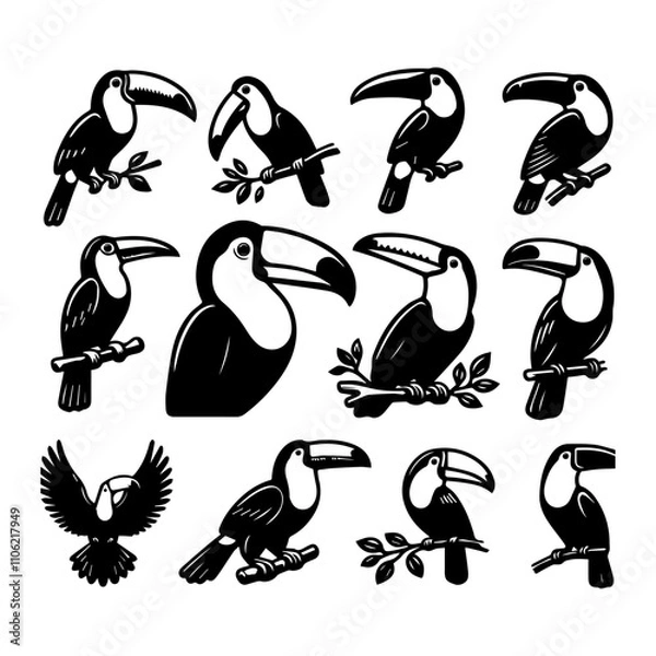 Obraz Toucans vector icon 10 set bundle birds white background.