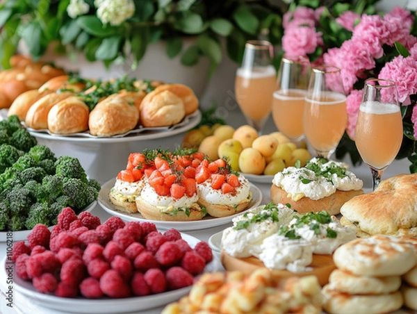 Obraz Delicious Brunch Buffet with Assorted Pastries, Fruits, and Drinks