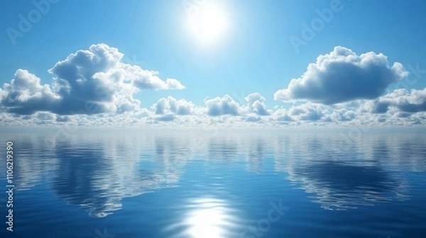 Obraz Serene seascape with bright sun and fluffy clouds reflecting on calm water.
