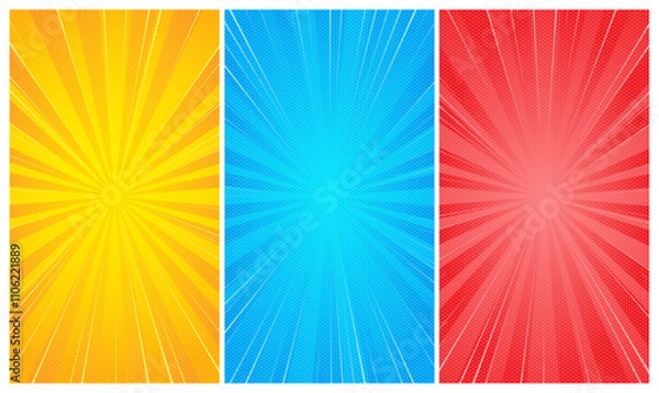 Obraz Comic rays wallpaper set. Vintage retro burst vertical background. Zoom effect lines template.