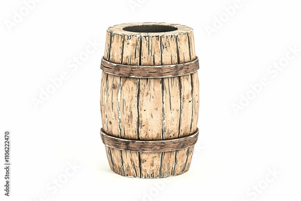 Fototapeta Rustic wooden barrel with metal bands on a plain background, perfect for vintage decor and themed designs