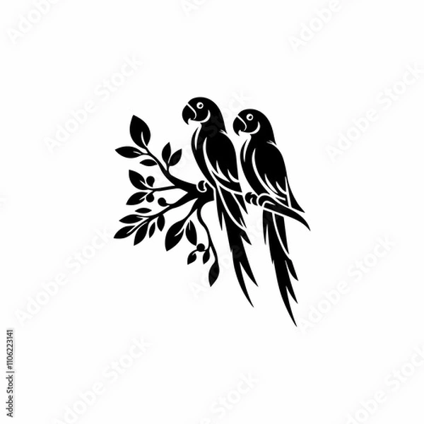 Obraz Two parrot branch vector silhouette on white background.