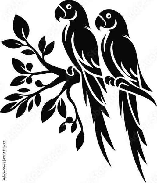 Obraz Two parrot branch vector silhouette on white background.