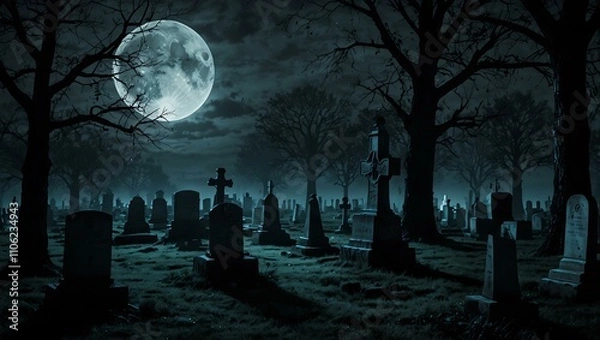 Obraz Haunted moonlit cemetery with eerie charm.