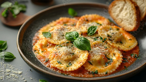 Fototapeta A Delicious and Elegant Plate of Spinach and Ricotta Ravioli with Tomato Sauce and Garlic Bread
