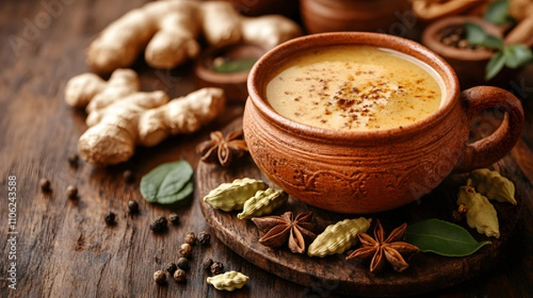 Fototapeta A Mesmerizing Representation of Traditional Indian Ginger Tea with Spices and Rustic Ambience