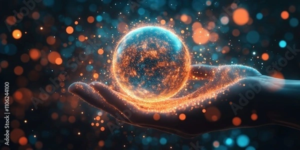 Obraz A glowing Earth in hands surrounded by fiery orange sparkles, symbolizing care and global unity