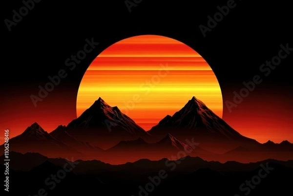 Fototapeta 赤い夕日が山々を照らす幻想的な風景