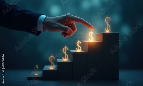 Fototapeta Hand pointing to illuminated dollar signs on ascending steps.
