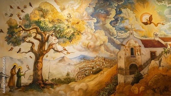 Obraz An Artistic Fresco Depicting Santa Dulce's Acts of Compassion and Healing, Portraying Her Sacred Dedication to Service, Love, and the Uplifting of Others with Grace and Devotion
