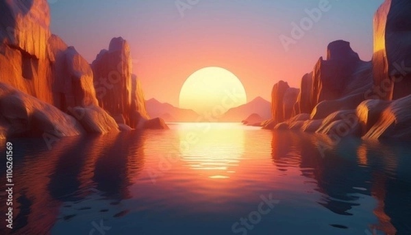Fototapeta 3d render futuristic landscape with cliffs and water modern minimal abstract background spiritual zen wallpaper with sunset or sunrise light