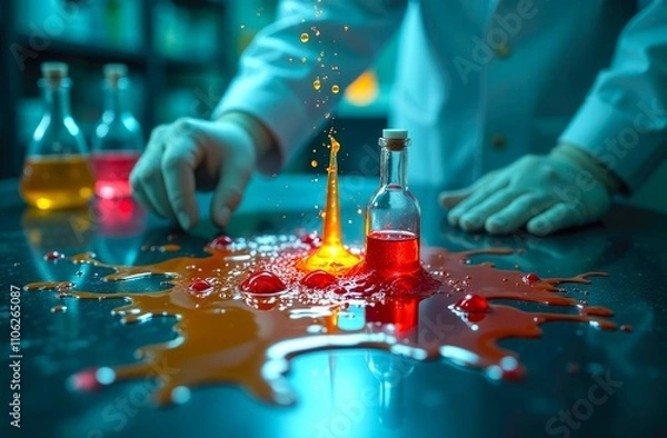 Fototapeta Close-up of toxic chemical spill in lab. Laboratory accident, hazardous materials. Medical and Scientific experiments conducted by scientists and laboratory technicians