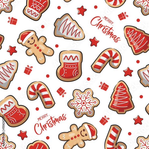 Obraz Seamless Pattern Christmas Cookies With Gingerbread On White Background, Cartoon Illustration