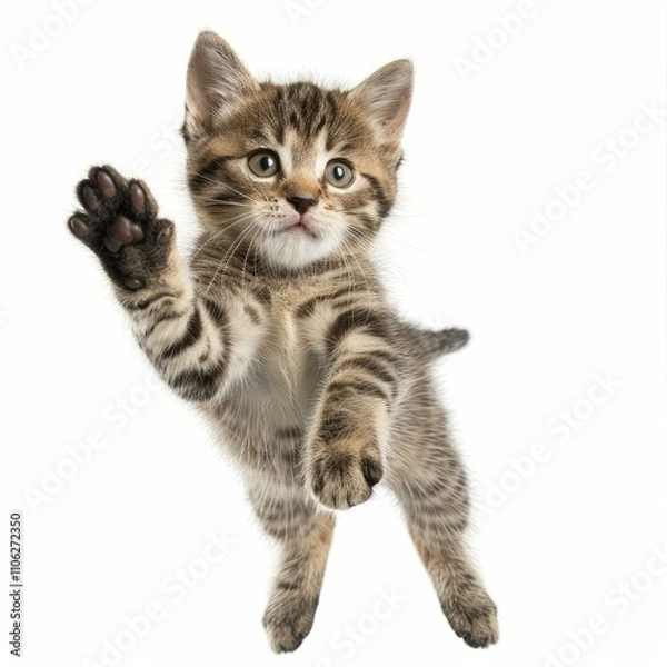 Fototapeta Playful kitten raising paw on white background
