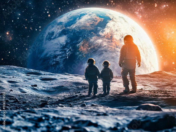 Fototapeta An Astronaut Family with Two Children Watching the Earth from the Moon. Conceptual scene offering a vision of humanity’s future in the cosmos. 