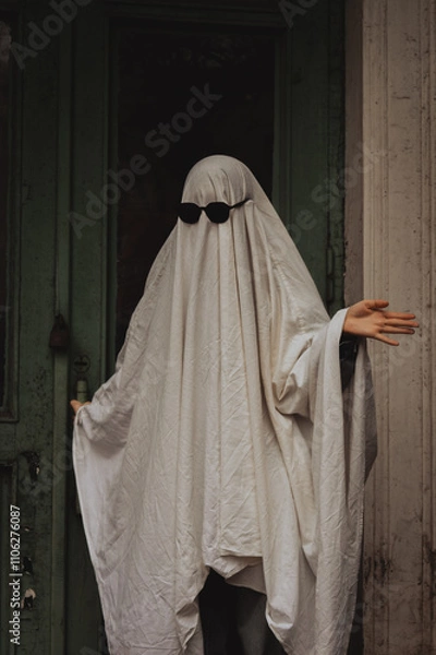 Obraz A playful figure draped in a white sheet mimics a ghost. Wearing dark sunglasses, it stands by an old green door, exuding a humorous, quirky vibe amidst urban surroundings.