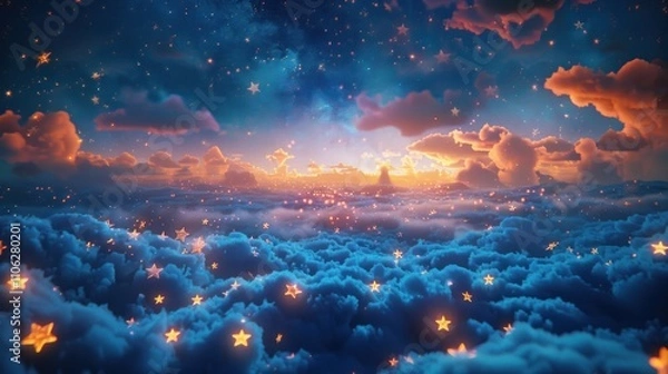 Fototapeta A breathtaking, ethereal view of a vibrant sunset or sunrise over a vast expanse of clouds dotted with luminous stars.