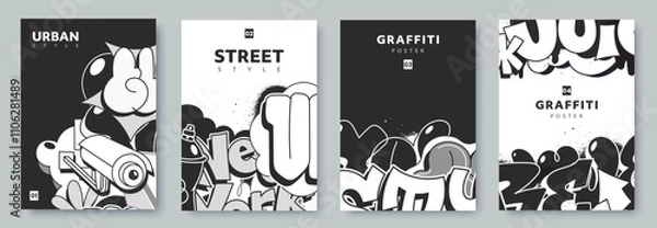 Obraz Abstract graffiti poster in black and white colors with doodles, scribbles and throw up pieces. Street art background collection. Artistic covers set in hand drawn graffiti style. Vector illustration