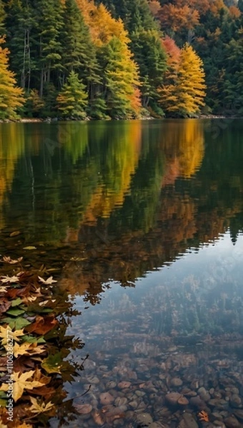 Fototapeta Lakes with autumn leaves in brown, green, and yellow.