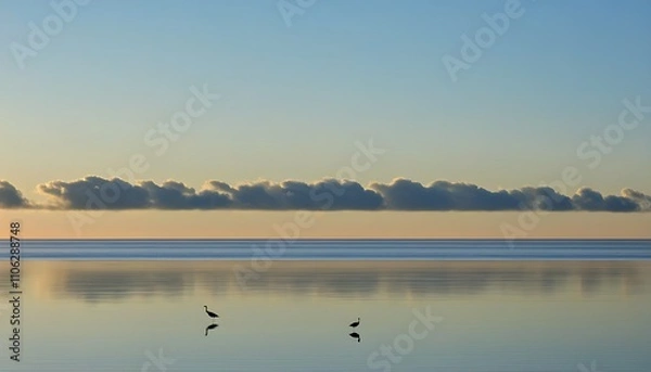 Fototapeta Sunset silhouette of a bird on a serene coast