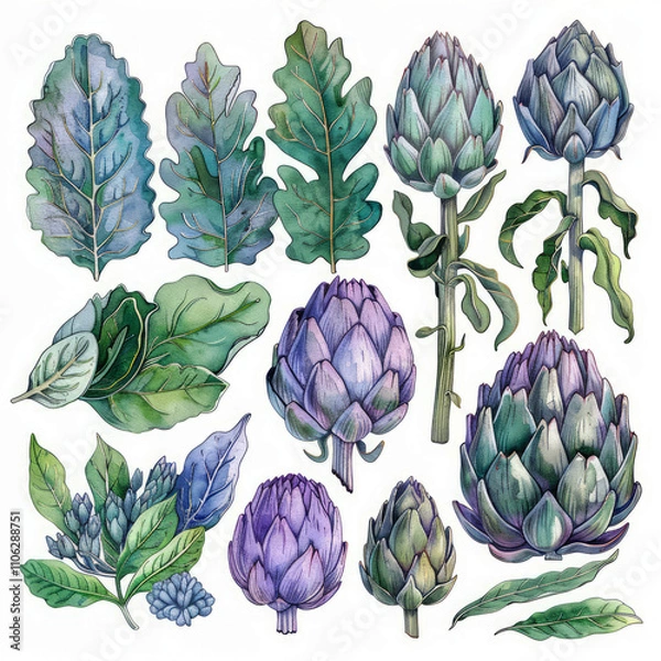 Fototapeta Artichoke Watercolor Elements with Leaves in Soft Pastel Colors – Perfect for Organic, Culinary, and Artistic Projects.