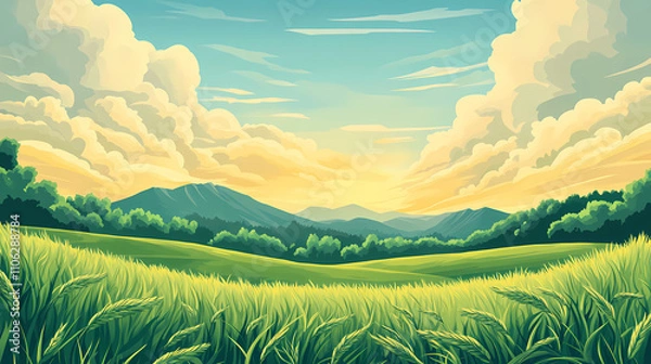 Fototapeta A serene landscape with a verdant field, a distant mountain range, and a sky adorned with dramatic, luminous clouds. Verdant. Illustration