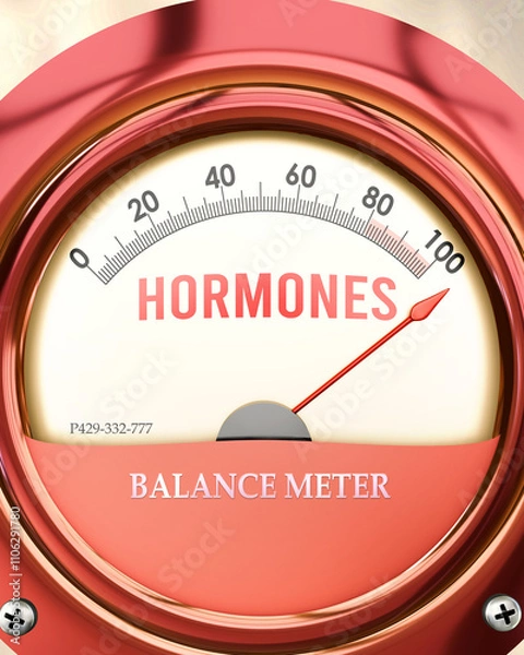 Fototapeta Hormones and Balance Meter that is hitting a full scale, showing a very high level of hormones, overload of it, too much of it. Maximum value, off the charts.  ,3d illustration