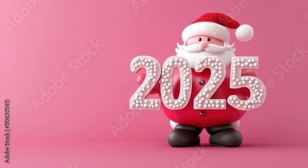 Fototapeta 3D Cute Santa Claus holding the number 2025 on a pink background, in the style of New Year's style, minimalism, with copy space concept.