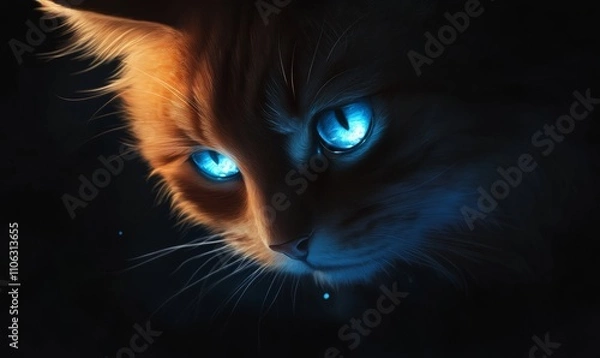 Fototapeta A captivating close-up of a cat with glowing blue eyes, gazing intently into the dark.