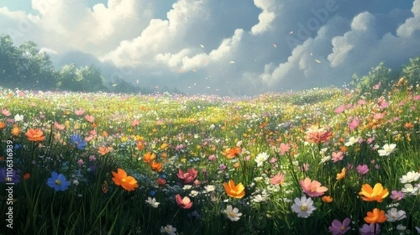 Fototapeta A field of wildflowers gently swaying in the breeze, representing the freedom and lightness of a peaceful mind, soft focus,