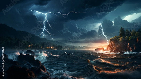 Fototapeta A painting scene of a lightning storm over the ocean and a rocky coastline nature beauty