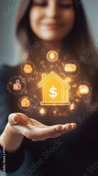 Obraz A real estate agent holds in their hand glowing holographic icons of houses and dollar signs, representing the concept of home.