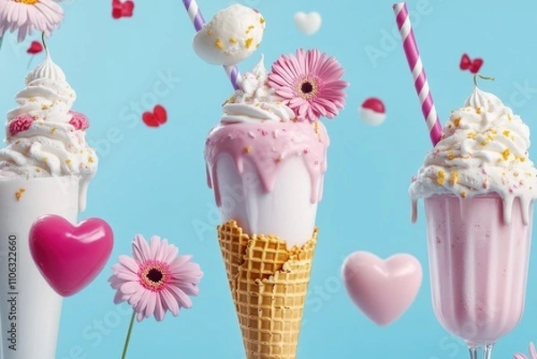 Fototapeta A collection of colorful ice cream sundaes with pink and white toppings