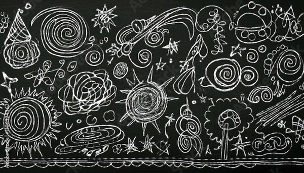 Fototapeta 검은 칠판에 분필로 그려진 다양한 패턴과 낙서