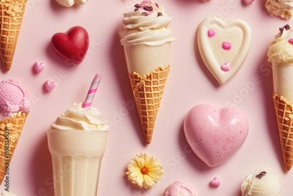 Fototapeta A colorful display of sweet treats on a pink background