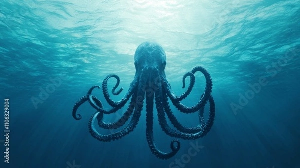 Obraz Majestic Kraken: 3D Render of Enthralling Sea Monster Beneath Sunlit Ocean Surface