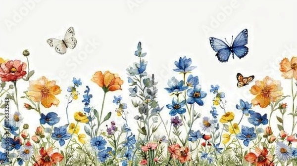 Fototapeta A beautiful field of watercolor wildflowers and butterflies, creating a border on a clean white background