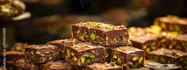 Fototapeta A close-up of dark chocolate bars with pistachios, showcasing the rich texture and colorful pieces of nuts on top