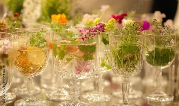 Fototapeta Refreshing Herbal Cocktails: A display of refreshing herbal cocktails served in elegant glassware, highlighting the use of fresh herbs and floral extracts