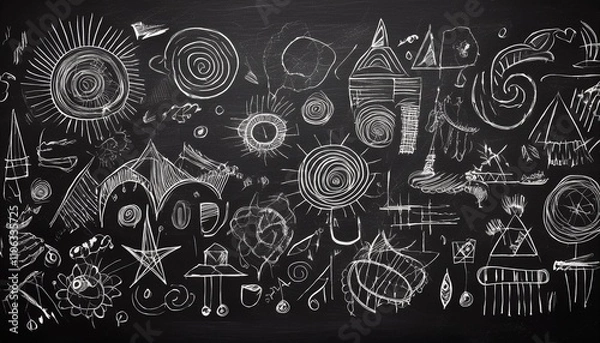 Obraz 검은 칠판에 분필로 그려진 다양한 패턴과 낙서