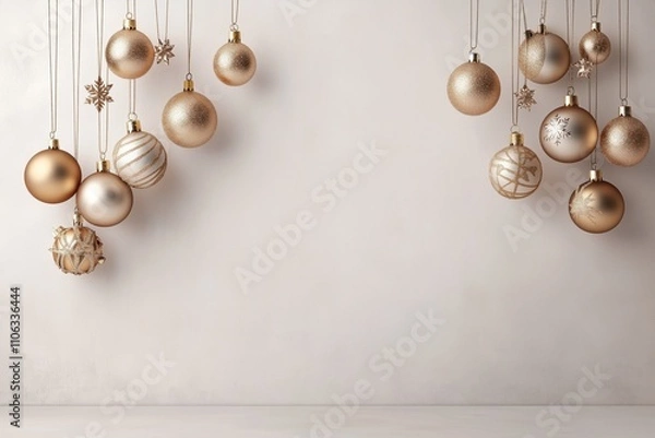 Obraz Decoração de natal com bolas suspensas em tons dourados, vermelhos e prateados, sobre fundo neutro, criada com IA generativa.