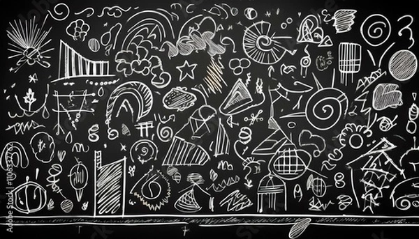 Obraz 검은 칠판에 분필로 그려진 다양한 패턴과 낙서