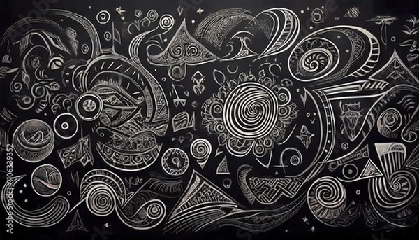 Fototapeta 검은 칠판에 분필로 그려진 다양한 패턴과 낙서