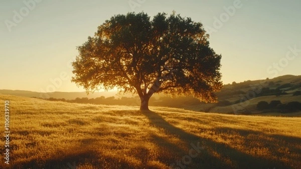 Obraz Árbol al atardecer en un paisaje dorado