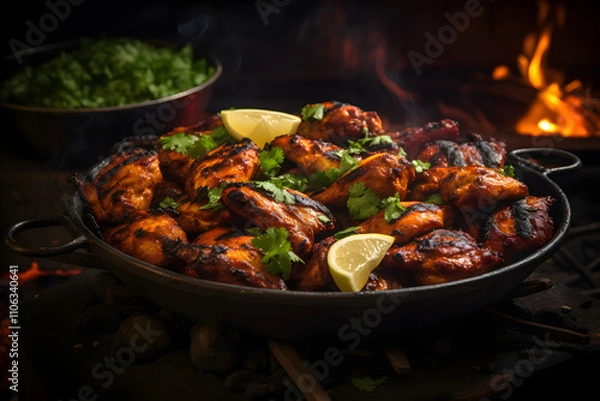 Fototapeta Tandoori Chicken Drumettes Marinated in Spices and Grilled with Lime Wedges