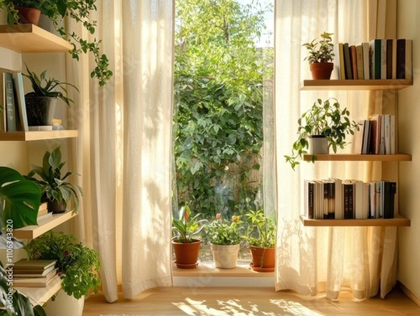 Fototapeta A window with a view of a garden and a shelf with books. There are potted plants on the windowsill
